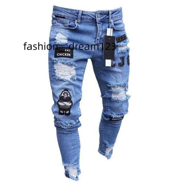 

men's ripped jeans slim fit casual distressed denim pants, Blue