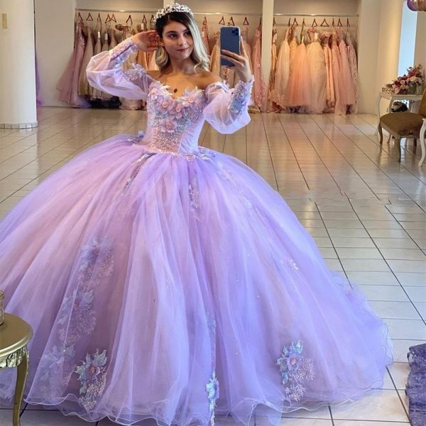 

lilac princess ball gown quinceanera dresses beaded celebrity party gowns 3dflowers lantern sleeve graduation gown de 15 anos, Blue;red