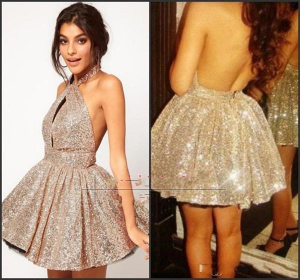 

sparkling backless cocktail dresses halter sequins backless mini short ball gown shiny prom homecoming gowns 577694, Black