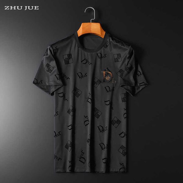 

european men's new round neck t-shirt trendy brand flocked embroidered 2023 summer half sleeved short, White;black
