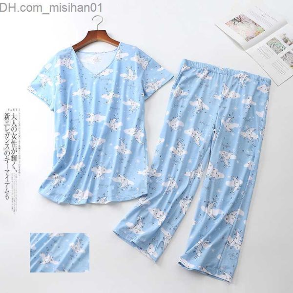

women's sleep lounge cropped trouser pajama set women's summer short sleeve korean s-3xl plus size thin cute fresh pajama set z230