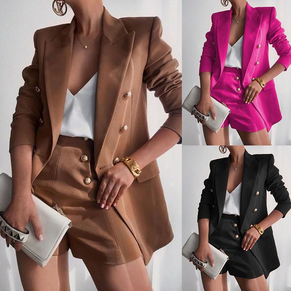 

two piece set women outfit spring elegant lapel blazer buttoned shorts suit autumn fashion solid office lady sets, White