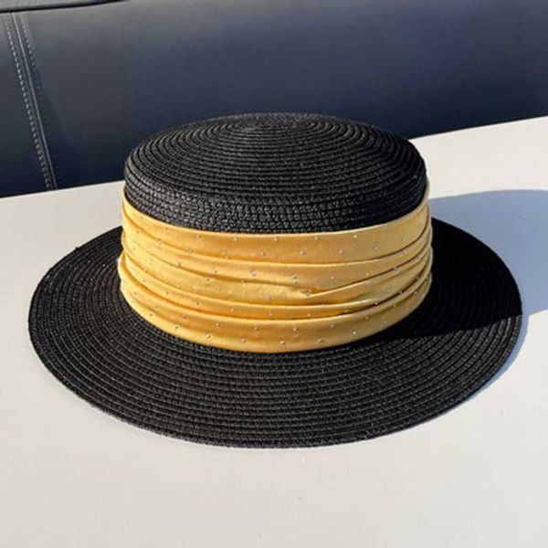 

wide brim hats spring summer broad brimmed sun 4 colors satin spliced formal hat lady all match beach flat straw caps 56-58cm 20cek, Blue;gray