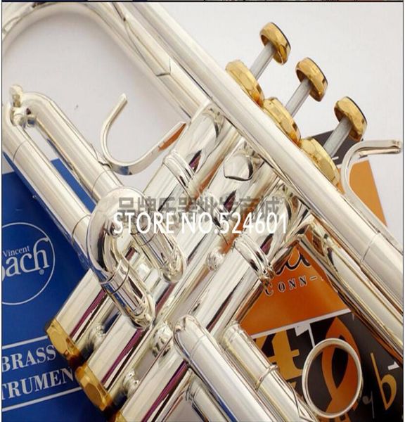 

professional new arrival bach tr197gs bb trumpet silver plated pipe body gold plated key musical instrument bb trompete with case7439185