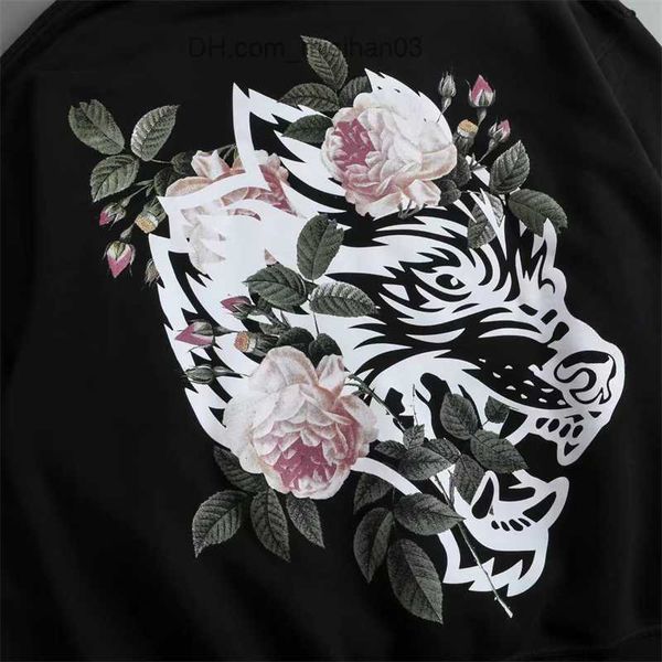 

women's hoodies sweatshirts darc sports rose wolf print autumn winter men's hoodie warm men's sweatshirt fashion street wear, Black