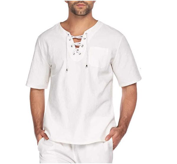 

2023 new men's short sleeve t-shirt cotton hemp lace up collar casual fashion shirt, White;black