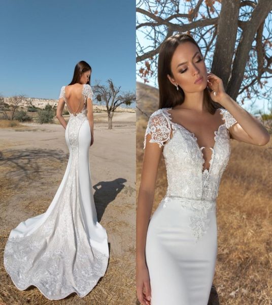 

eva lendel 2019 mermaid wedding dresses beads cap sleeves backless vestidos bridal gowns sheer v neck wedding dress8265064, White