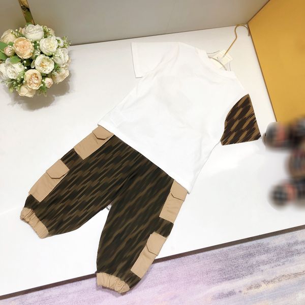 

newly summer kids clothing sets round neck t shirt with pants two pieces sets brand designer white t-shirts with cargo pants high end childr