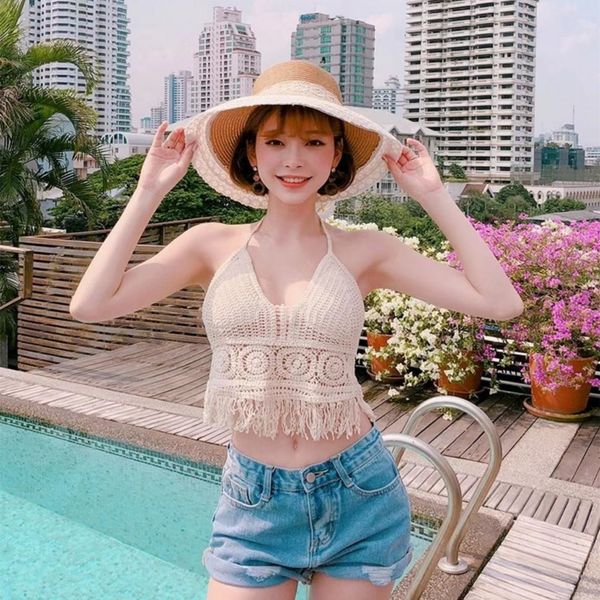 

women's tanks halter fringed trim crochet knit tank - light coffee crop top, White