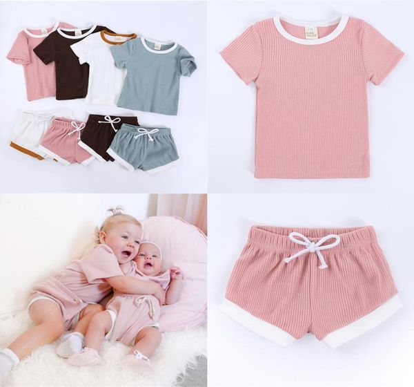 

kids children clothing summer solid color shortsleeved shirt shorts twopiece suit girls clothes set for baby soft and breathable4105153, White
