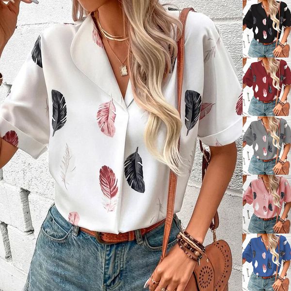 

2023 summer new european american women's shirts pololapel neck feather print short sleeve shirt female casual blouses, White