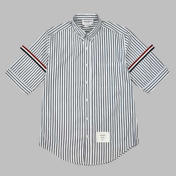 

2023 fashion tb thom brand shirts men slim white black striped short sleeve casual shirt summer men's clothing