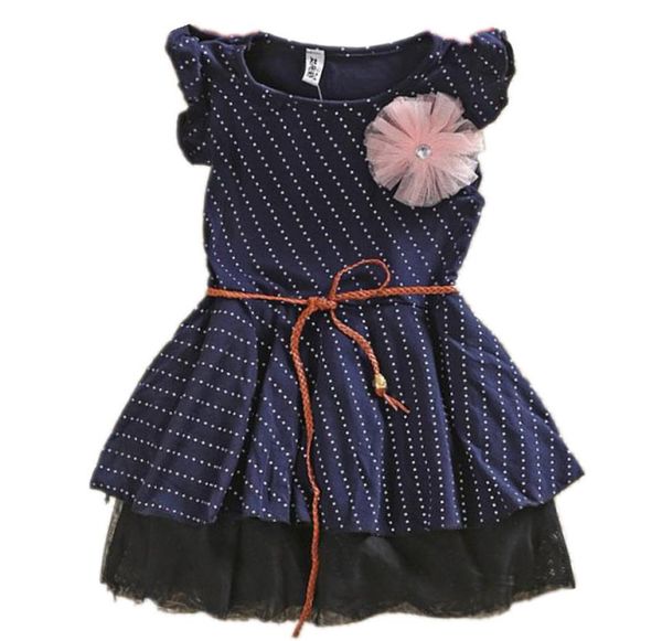

girls dresses new fashion dark blue sleeveless dots stripe flower kids girl dress with belt summer9063649, Red;yellow