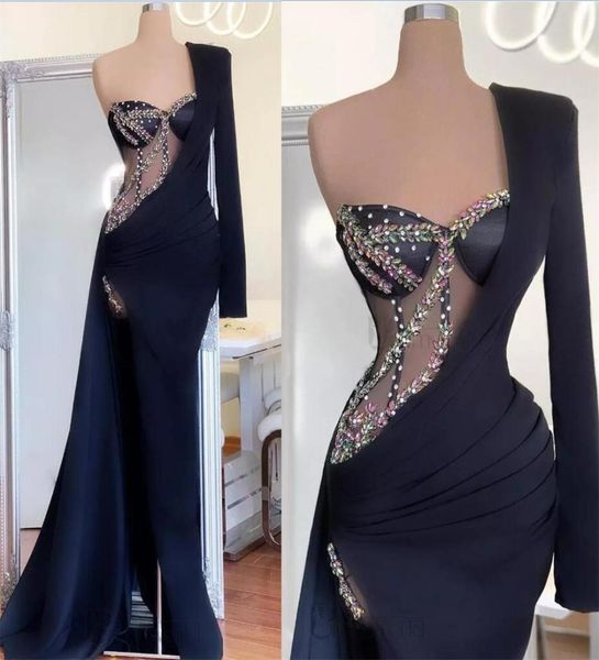 

black mermaid evening dresses single long sleeves 2021 illusion beading long prom gowns high slit crystal formal lady party d8444932