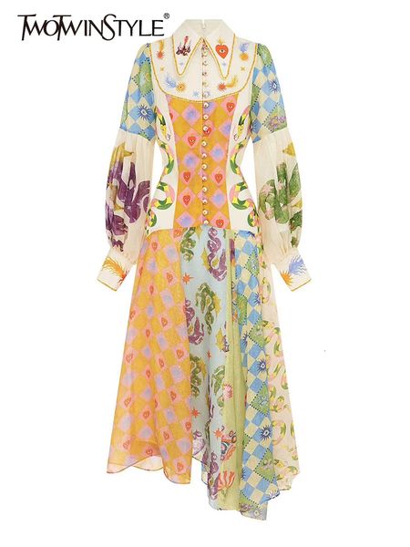 

basic casual dresses twotwinstyle hit color print elegant for women lapel lantern sleeve high waist folds summer dress female fashion clothe, Black;gray