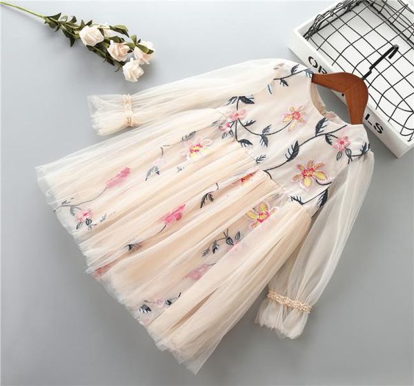 

girls flowers embroidered gauze dress children ruffle long sleeve tulle dress kids lace princess dress a42728098887, Red;yellow