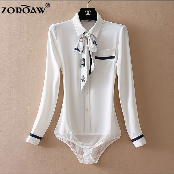 

women's jumpsuits rompers chiffon elegant women bodysuits long sleeve bow tie neckline for office lady work shirt business formal blous, Black;white