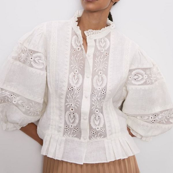 

women's blouses shirts stylish women blouse embroidery shirt autumn fashion hollow out lace patchwork striped modern lady short 230705, White