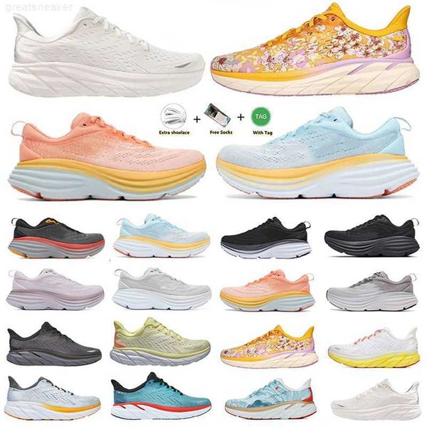 

2023 new desiginer hoka clifton bondi 8 running shoes carbon x2 for man & women summertriple white seaweed woman men mesh trainers sports sn