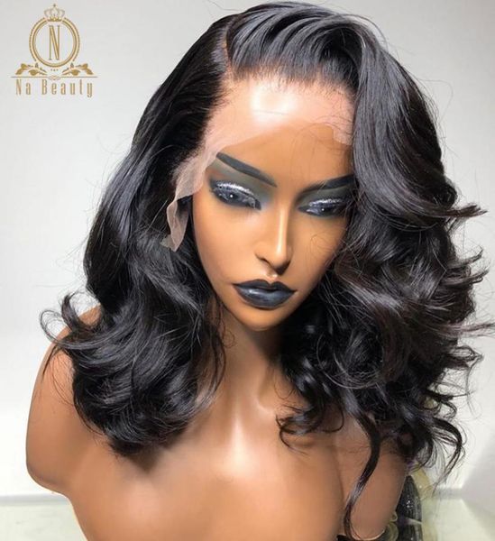 

360 lace frontal wig natural wave human hair wig 13x6 lace front wigs bleached knots short medium black nabeauty 150 density3085007, Black;brown