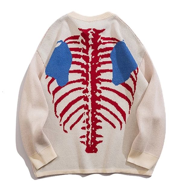 

men's sweaters men harajuku knitted sweaters skeleton bone graphic pullovers casual loose thick o-neck sweaters oversize couples street, White;black
