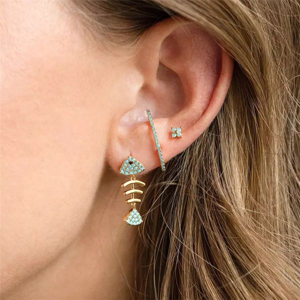 

cute 3pcs/set fishbone stud earrings designer for woman blue white aaa cubic zirconia 18k gold copper diamond earring luxury jewelry gift s9, Golden;silver