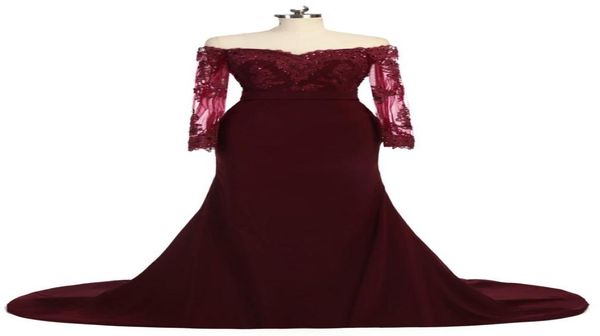 

fashion dark red off the shoulder long prom dress with illusion lace sleeves mermaid chiffon beaded bridesmaid evening party1766092, Black