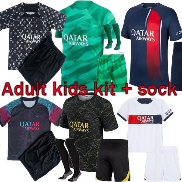 

23 24 psgs mbappe soccer jerseys 2023 2024 home away wijnaldum sergio ramos hakimi fourth maillots de football verratti 4th shirt full kits, Black