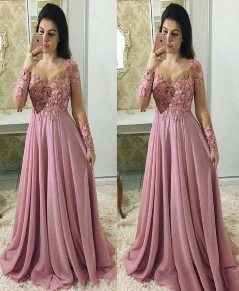 

dusty pink mother of the bride dresses with long sleeves sheer jewel neck wedding guest dress floral lace chiffon plus size evenin2612039, Black;red