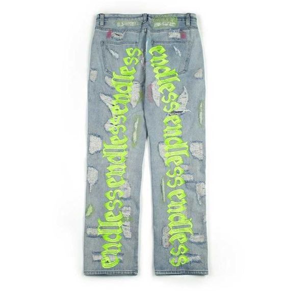 

endless men women jeans hip hop denim pants embroideredy broken do old hole streetwear c9fo, Black
