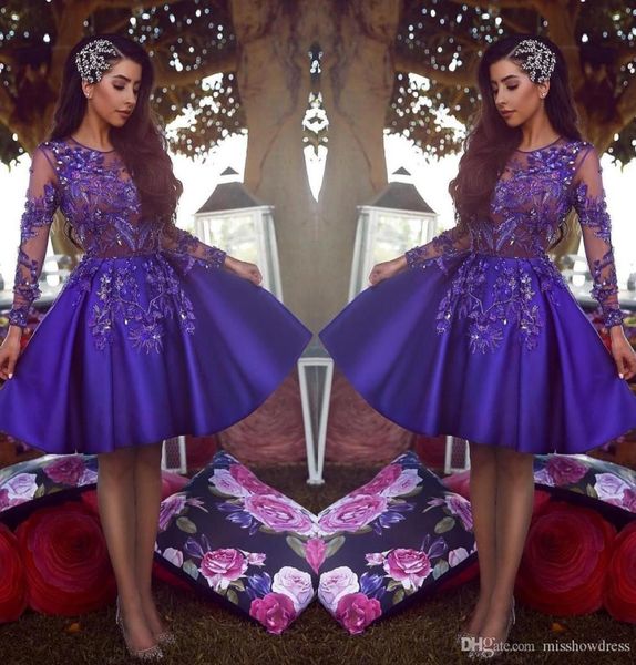 

elegant arabic illusion satin a line cocktail dresses new long sleeves tulle lace applique beaded knee length party short8039883, Black