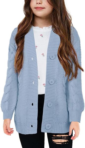 

girls cable knit cardigans button down long sleeve chunky sweater outerwear, Blue
