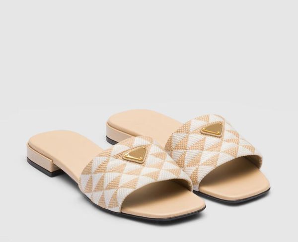 

luxury embroidered fabric sandal slides triangle printed fabric slippers women sandal slipper slide flat genuine leather rubber sole with bo, Black