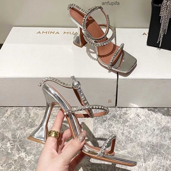 

amina muaddi rose red sandals 95mm crystal embellished strap spool heels heel for slipper women summer luxury designers shoes sandals, Black