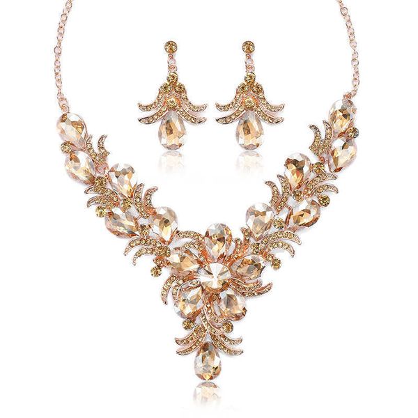 

alloy clavicle chain necklace earring set women's court temperament colorful flower crystal 230628, Silver