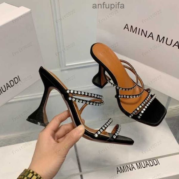 

amina muaddi womens sandals leather sole designer high heels 10cm crystal bow diamond chain decoration banquet women lightblue silk wedding, Black