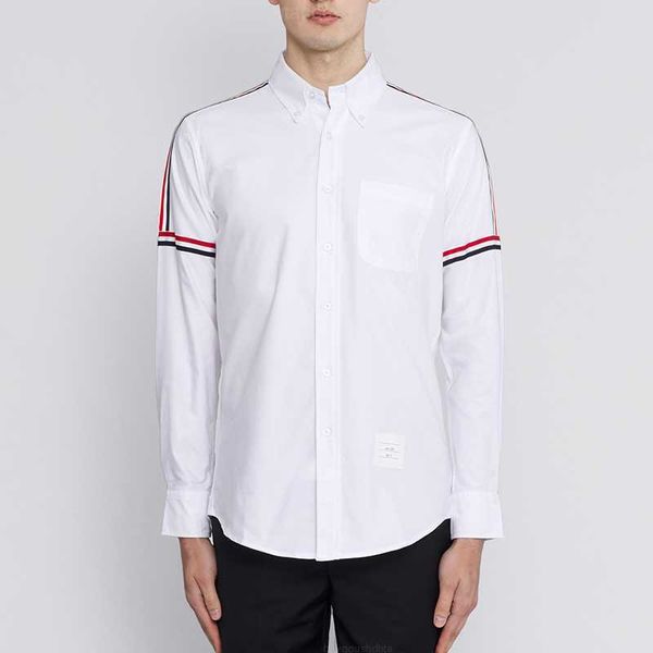 

2023 tb thom fashion brand shirts men slim long sleeve casual shirt formal cotton oxford shoulder striped solid men's clothing, White;black