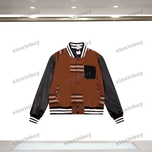 

xinxinbuy men designer jacket coats woolen 23ss plaid leather fabric towel embroidery long sleeve cotton women black s-2xl, Black;brown