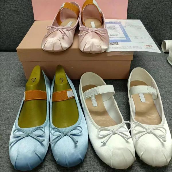 

satin ballerinas designer sandals women flat loafers upper bow elastic strape dance sandal with box, Black
