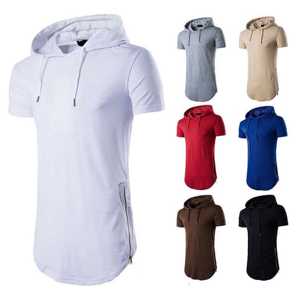 

summer new men's bilateral zipper high street hip hop long hooded short sleeve t-shirt b62, White;black