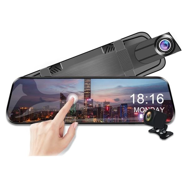 

10" ips touch screen car dvr stream media mirror rearview dash camera 2ch dual lens front 170Â° rear 145Â° wide view angle full hd 1080p