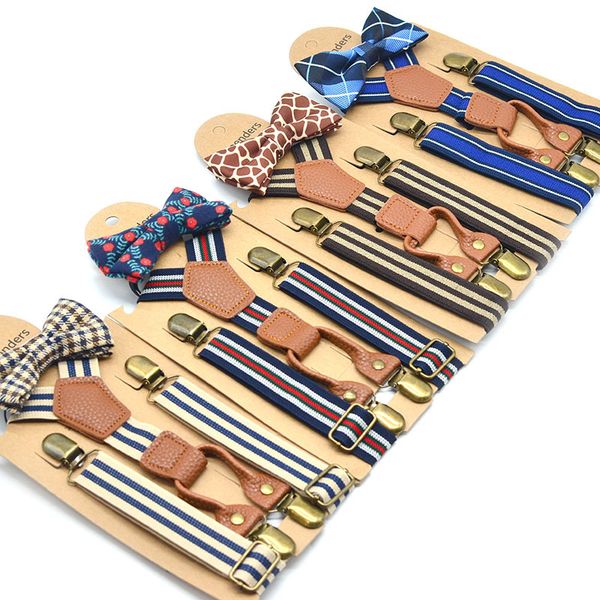 

children stripe british style suspenders fashion kids striped 4 clip houndstooth bow tie set students perform elastic elastic suspender shou, Black
