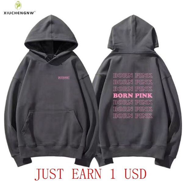 

mens hoodies sweatshirts kpop born pink tour vocal concert same hooded solid color long sleeved cotton sweatshirt y2k oversize hip hop tee 2, Black