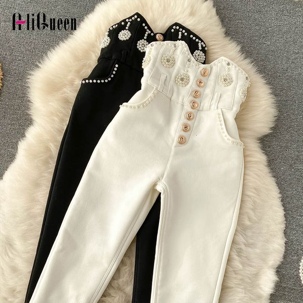 

men's pants streetwear spring women luxury embroidered flares pencil trousers white black slim high waist girls single buttons 230705