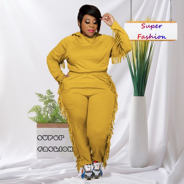 

women's plus size pants xl5xl plu's autumn two piece set long sleeve tassel hoodie wholesale 230705, Black