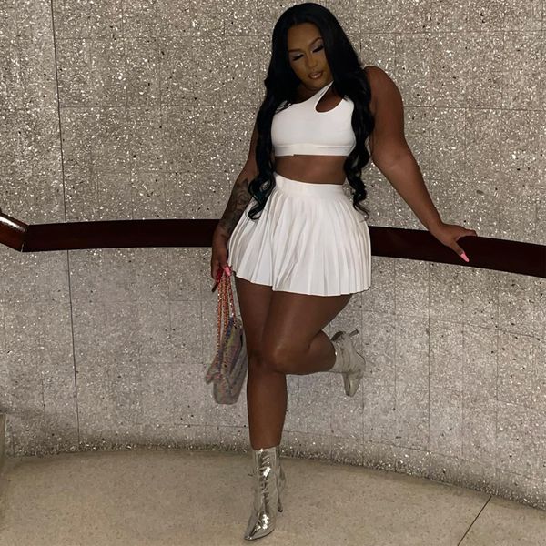 

two piece dress trend women mini skirt set solid color slim fit sport wear ladies crop tank tennis 2 outfits suit 230705, White