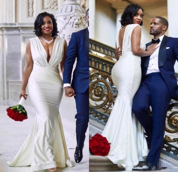 

2019 mondern design mermaid wedding dress black girl backless deep v neck pleats floor length long bridal gowns custom p2195403, White