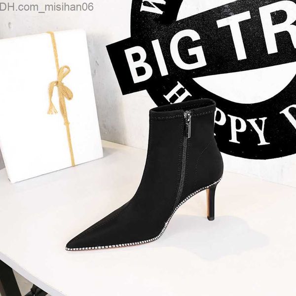 

dress shoes bigtree winter luxury women's crystal high heels slim high heels elastic fabric silk socks boots ankle boots plus size prom, Black