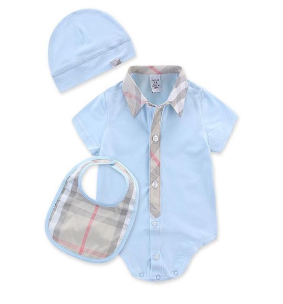 

summer style design baby boy girl rompers with short sleeves plaid infant jumpsuithat bibs 3pcs casual outfit newborn baby clothe7179504, Blue
