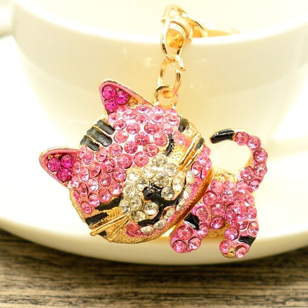 

lovely crystal cat keyring shiny animal car keychain female purse handbag pendant accessories key chains girl gift, Slivery;golden